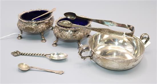 Pair George III silver salts, a two-handled silver bowl, a pair of sugar tongs and 3 spoons